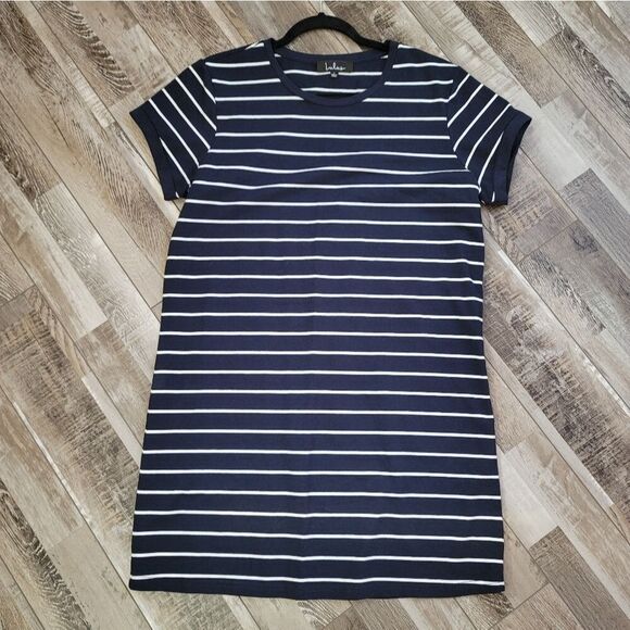 Lulus Crew Neck Navy Striped Shift Dress Size Large - Picture 2 of 7